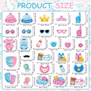 Size chart for gender reveal party photo props with dimensions for hats and glasses