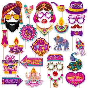 Diwali Photo Booth Props Indian Festival Party Decoration Purple Yellow Paper Props With Ganesha Diya Peacock Patterns For Festive Decor