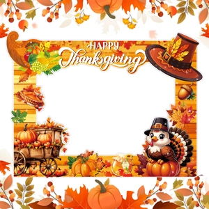 Close-up of Thanksgiving photo frame with turkey, pumpkin cart and fall leaves motifs