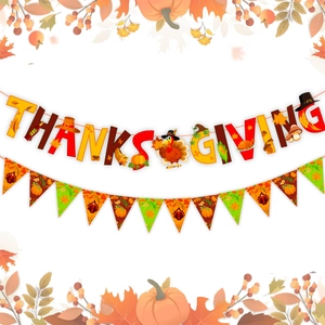Detail of Thanksgiving banner set with pumpkin turkey and autumn leaf letter garlands