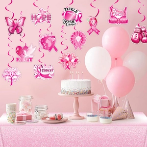 Pink breast cancer awareness hanging swirls and card decorations for charity events