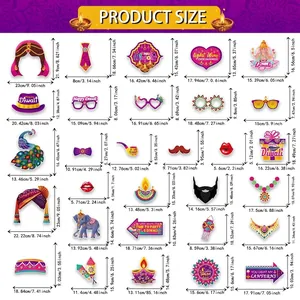 30-piece Diwali photo booth props kit with detailed size specifications in cm and inches