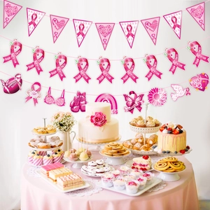 Pink ribbon breast cancer awareness party banners and hanging decorations for event