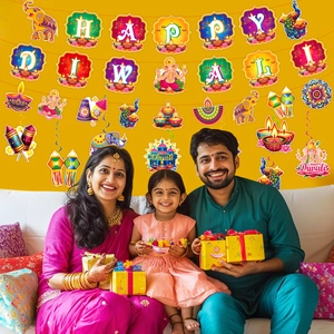 Colorful Happy Diwali festive banner set with Ganesha, peacock, and diya hanging ornaments
