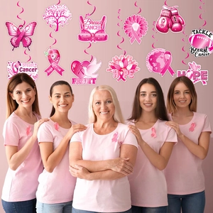 Pink breast cancer awareness hanging swirls featuring ribbons, hearts, and survivor motifs