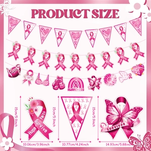Pink Breast Cancer Awareness decoration set showing product size and components for party events
