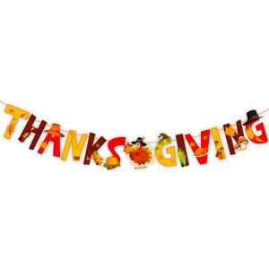 Colorful Thanksgiving banner featuring festive letters with pumpkin and turkey elements