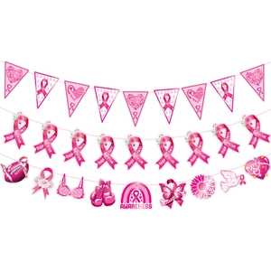 Pink Breast Cancer Awareness banner set with Hope Faith ribbons and party decor flags