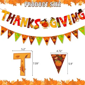 Thanksgiving party banner set with pumpkin turkey motifs and product size specifications