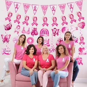Pink ribbon breast cancer awareness party decorations with banners and swirl ornaments