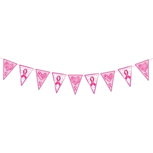 Close-up of pink breast cancer awareness pennant flags with survivor and ribbon designs