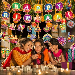 Detailed Happy Diwali party decoration set with vibrant hanging swirls and festive banners