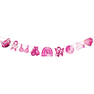Pink ribbon breast cancer awareness banner featuring survivor and hope themed pendants