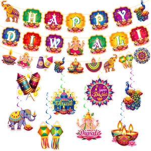 Happy Diwali Banner Decorations Set Ganesha Elephant Peacock Pattern Festive Party Hanging Swirls Traditional Indian Decor