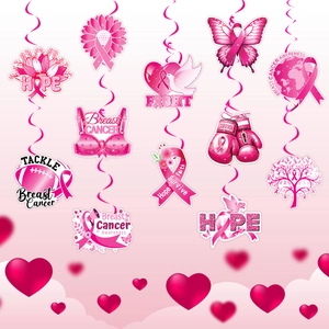 Pink Breast Cancer Awareness hanging decorations with butterfly and ribbon shapes