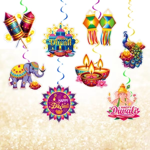 Bunte Diwali-Spiralen mit Ganesh, Diya und Happy-Diwali-Karten für festliche Deko