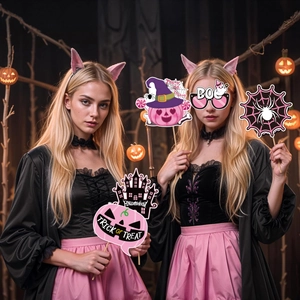 Rosa Halloween Foto Requisiten Set mit süßen Schildern und Katzenohren Haarreif Deko