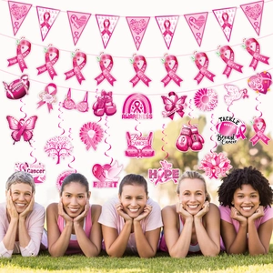 Pink ribbon breast cancer awareness party kit with banners, swirls and heart cards