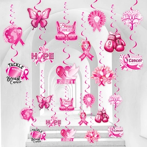 Pink ribbon breast cancer awareness hanging swirls with survivor and hope cards