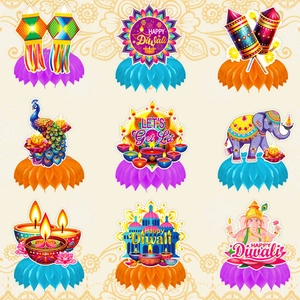 Detail van 9 Diwali honingraat tafeldecoraties met Ganesha en pauw ontwerpen