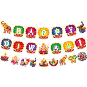 Colorful Happy Diwali banner set with Ganesha and Diya patterns for festival party decor