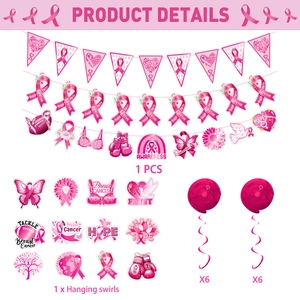 Pink ribbon breast cancer awareness party decoration set with banners and hanging swirls