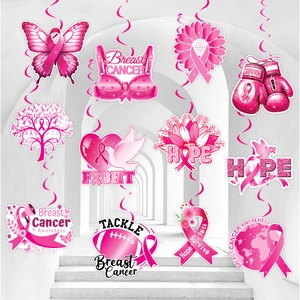 Pink Ribbon Breast Cancer Awareness Hanging Decorations Paper Cards Spiral Swirls For Charity Hope Survivor Party Event Decor