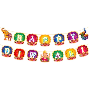 Detail of Happy Diwali banner featuring colorful Ganesha, peacock, and floral motifs