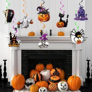 Halloween party spiral ceiling decorations featuring ghosts, pumpkins, and spooky motifs