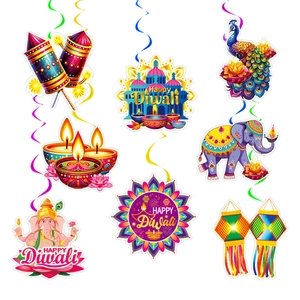 Diwali party hanging swirls set with colorful lanterns, elephants, and peacocks on white backdrop