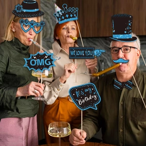 Seniors using 38-piece black and blue glitter photo booth props for birthday party fun