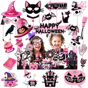 Halloween Fotorequisiten Set in Rosa und Schwarz mit Hexenhut und Kürbis-Schildern