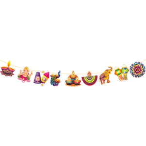 Detail of colorful Diwali party banners featuring Diya lamps and traditional elephant icons