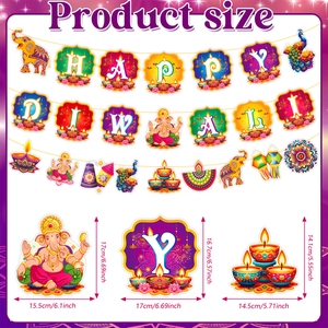 Happy Diwali party decoration set with Ganesha and Diya patterns and size information