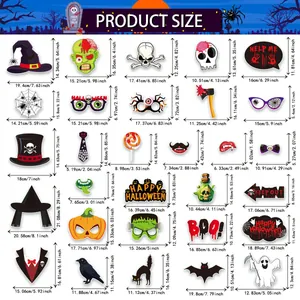 Tabla de tallas detallada para 25 accesorios fotográficos de Halloween con medidas.