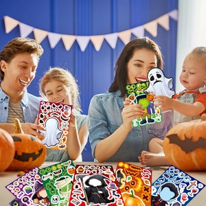 Family at home crafting with Halloween DIY stickers featuring ghosts and mummies