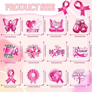 Size chart showing dimensions for 12 pink ribbon breast cancer awareness party stickers