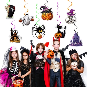 Detailed view of Halloween spiral ornaments with ghosts and pumpkins for party decor