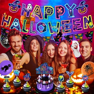 Set decorazioni Halloween neon con banner, palloncini e topper per torte da festa