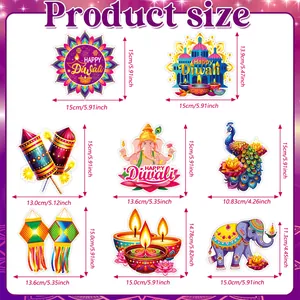 Size chart for Happy Diwali party decorations including mandala and peacock paper cutouts