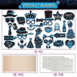 38-delige set verjaardagsfotorepjes met blauwe en zwarte glitter party accessoires