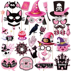 Rosa Halloween Fotorequisiten Set Papier Halloween Party Dekorationen DIY Selfie Requisiten Mit Stöcken Hexenhut Kürbis