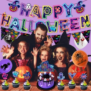 Set festa Halloween neon con striscioni Happy Halloween, palloncini e topper per torte