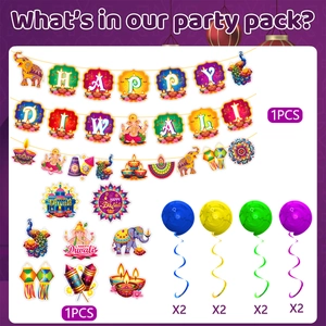 Detail of Diwali party kit including Happy Diwali banner, stickers, and colorful swirls