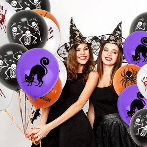 Halloween latex balloon set featuring skull, blood handprint, spider, and black cat designs