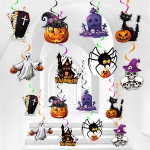 Halloween Hanging Spiral Swirl Decorations 8 Pcs Set Paper Pumpkin Ghost Skull Castle Hanging Ornaments For Party Indoor Home Decor