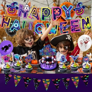 Set decorativo neon per Halloween con striscione, cake topper e palloncini a tema