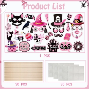 Rosa Halloween Fotorequisiten Set inklusive 30 Holzstäbchen und runden Klebepunkten