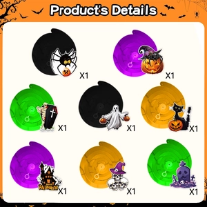 Detailed Halloween swirl ornaments set featuring pumpkins, ghosts, and haunted house charms