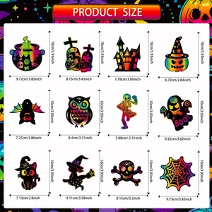 Tableau des tailles pour décorations Halloween à gratter avec 12 motifs variés DIY